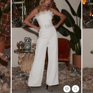 12th Tribe VELMA WHITE FAUX FEATHER BELTED JUMPSUIT